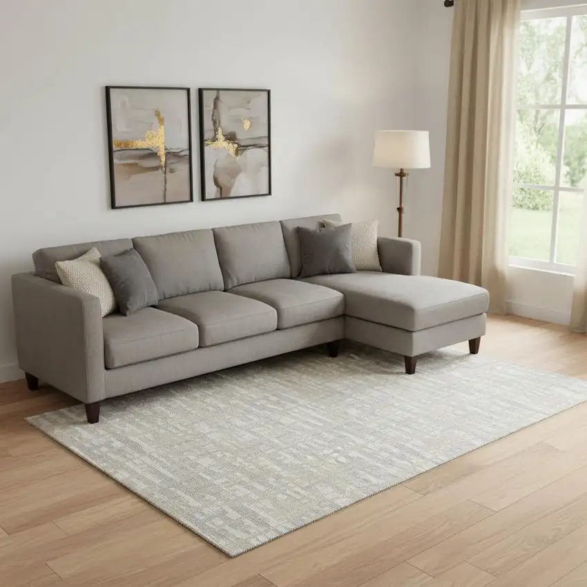 Beige Ivory And Silver Abstract Geometric Washable Area Rug With UV Protection Photo 2