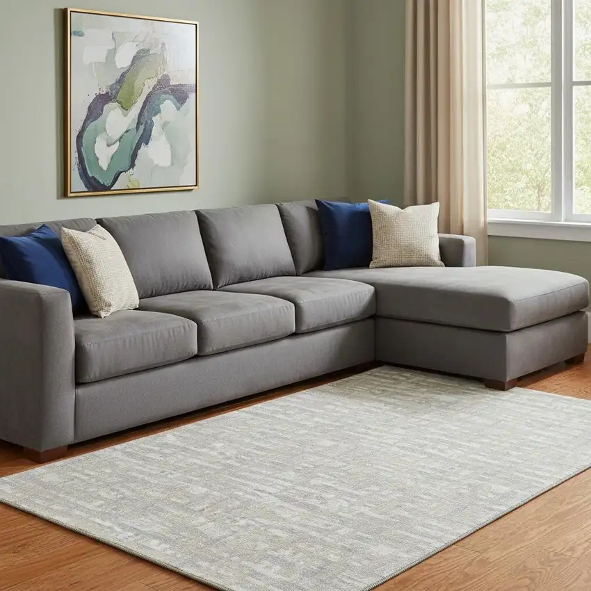 Beige Ivory And Silver Abstract Geometric Washable Area Rug With UV Protection Photo 2