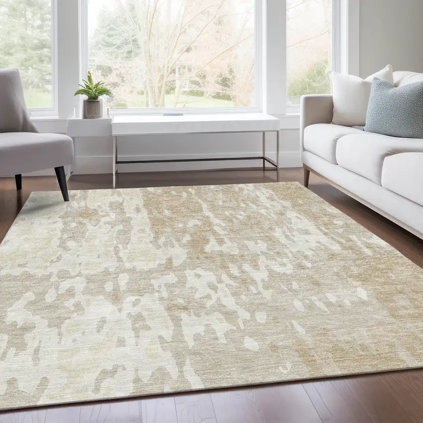 Beige Ivory And Tan Abstract Washable Area Rug With UV Protection Photo 4