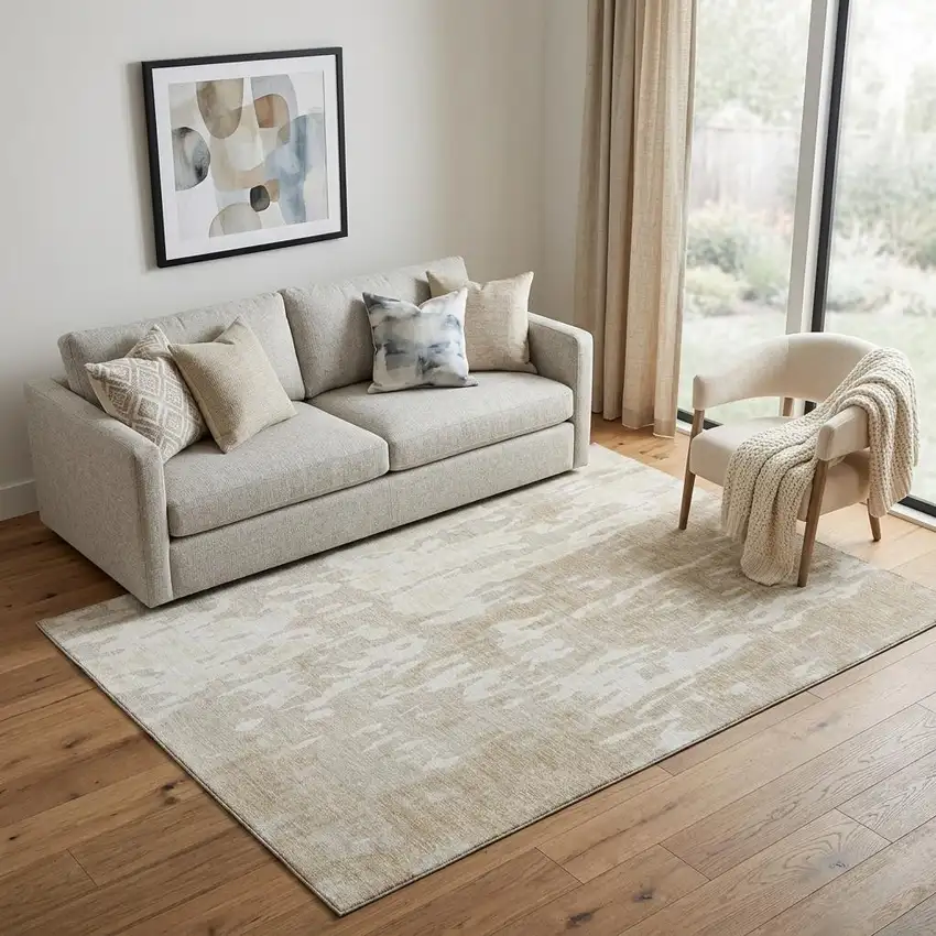 Beige Ivory And Tan Abstract Washable Area Rug With UV Protection Photo 1
