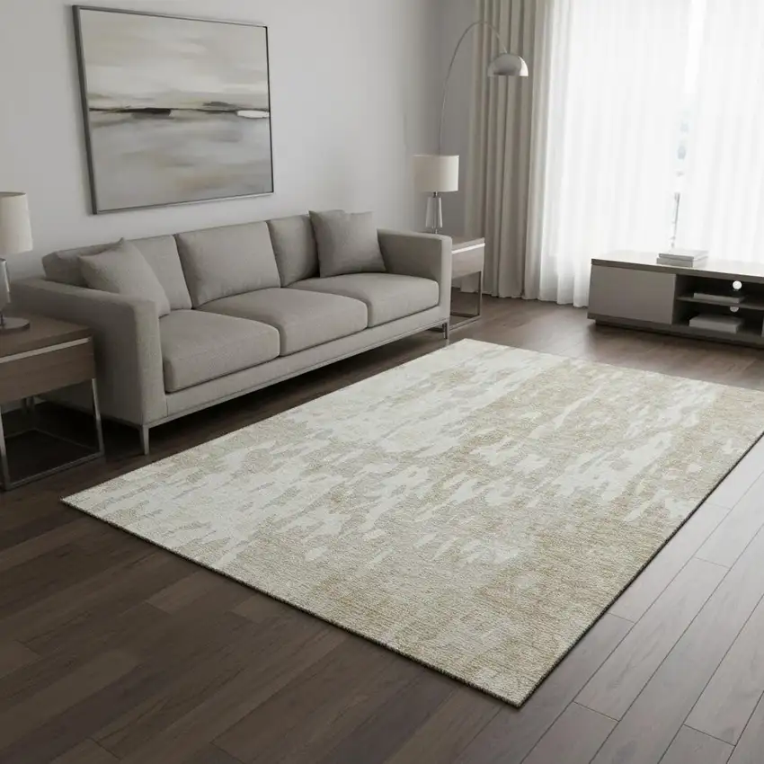 Beige Ivory And Tan Abstract Washable Area Rug With UV Protection Photo 2