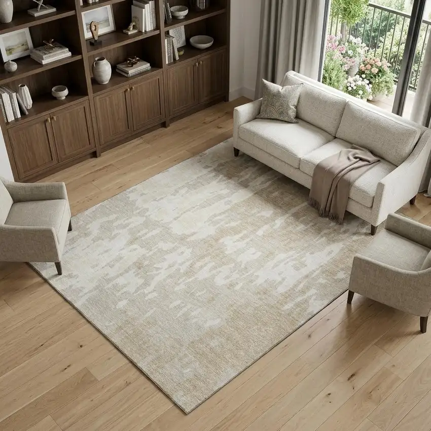 Beige Ivory And Tan Abstract Washable Area Rug With UV Protection Photo 1