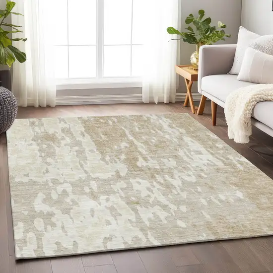 Beige Ivory And Tan Abstract Washable Area Rug With UV Protection Photo 4