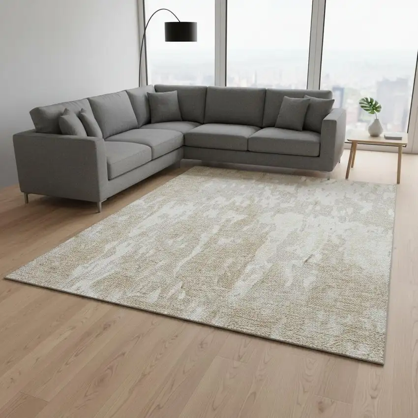 Beige Ivory And Tan Abstract Washable Area Rug With UV Protection Photo 1