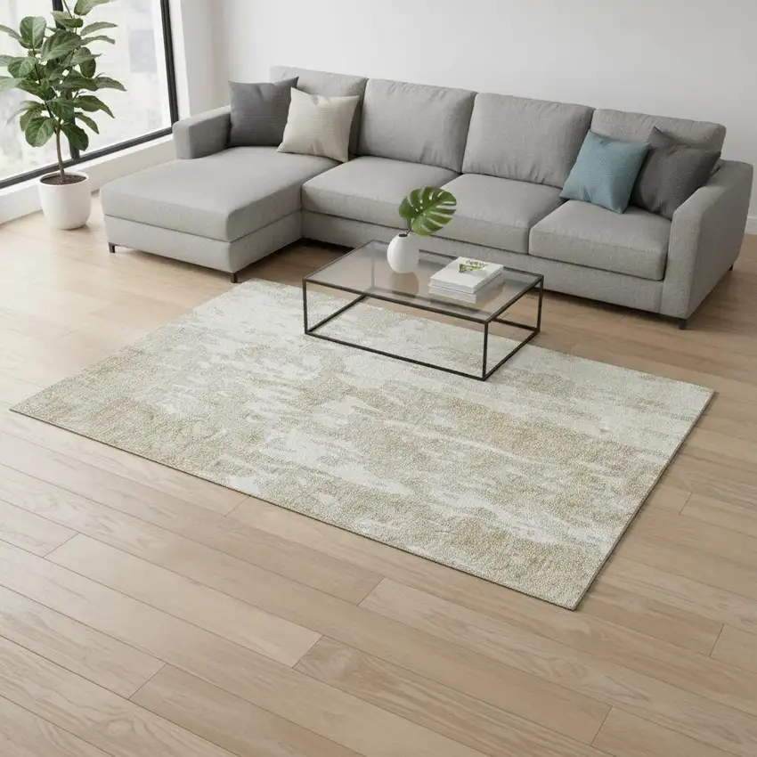 Beige Ivory And Tan Abstract Washable Area Rug With UV Protection Photo 2