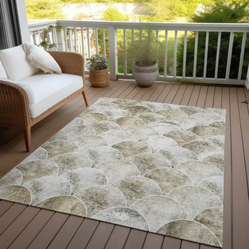 Beige Ivory And Tan Abstract Washable Indoor Outdoor Area Rug Photo 9