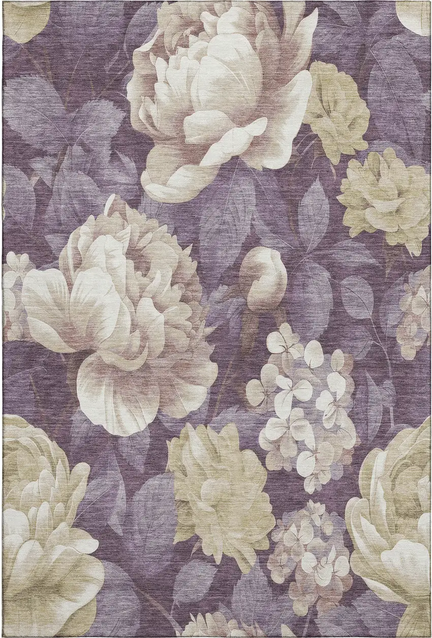 Beige Ivory And Tan Floral Washable Area Rug With UV Protection Photo 1