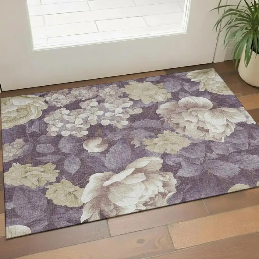 Beige Ivory And Tan Floral Washable Area Rug With UV Protection Photo 2