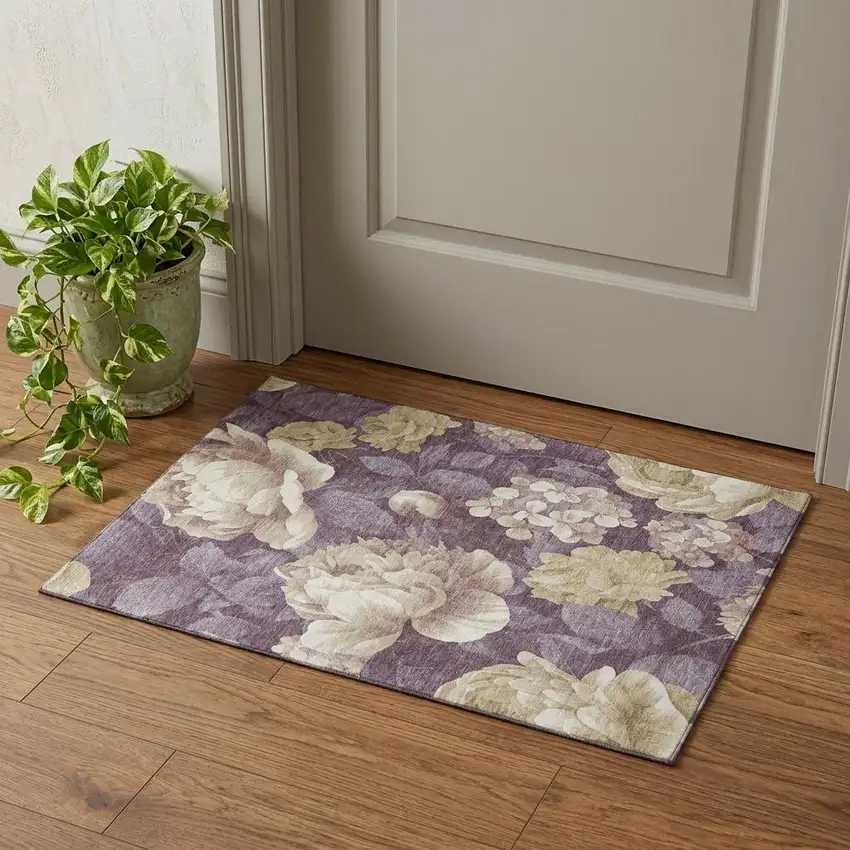 Beige Ivory And Tan Floral Washable Area Rug With UV Protection Photo 1
