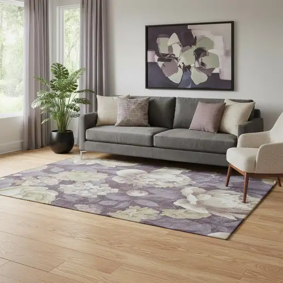 Beige Ivory And Tan Floral Washable Area Rug With UV Protection Photo 2