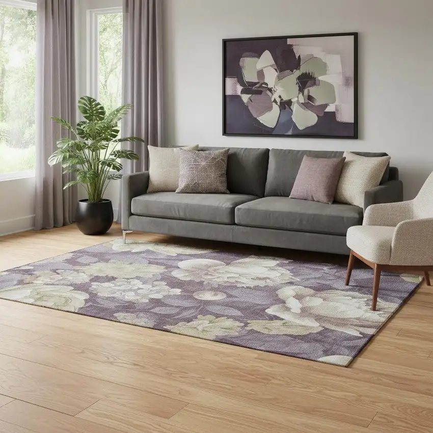 Beige Ivory And Tan Floral Washable Area Rug With UV Protection Photo 2