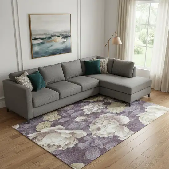 Beige Ivory And Tan Floral Washable Area Rug With UV Protection Photo 2