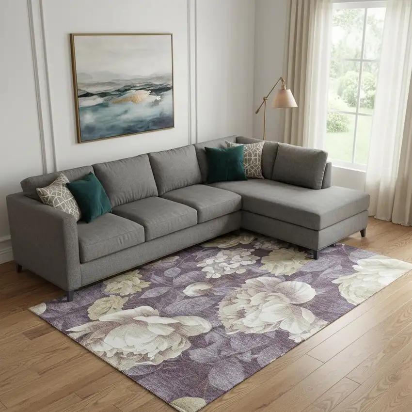 Beige Ivory And Tan Floral Washable Area Rug With UV Protection Photo 2