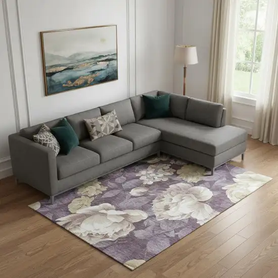 Beige Ivory And Tan Floral Washable Area Rug With UV Protection Photo 2