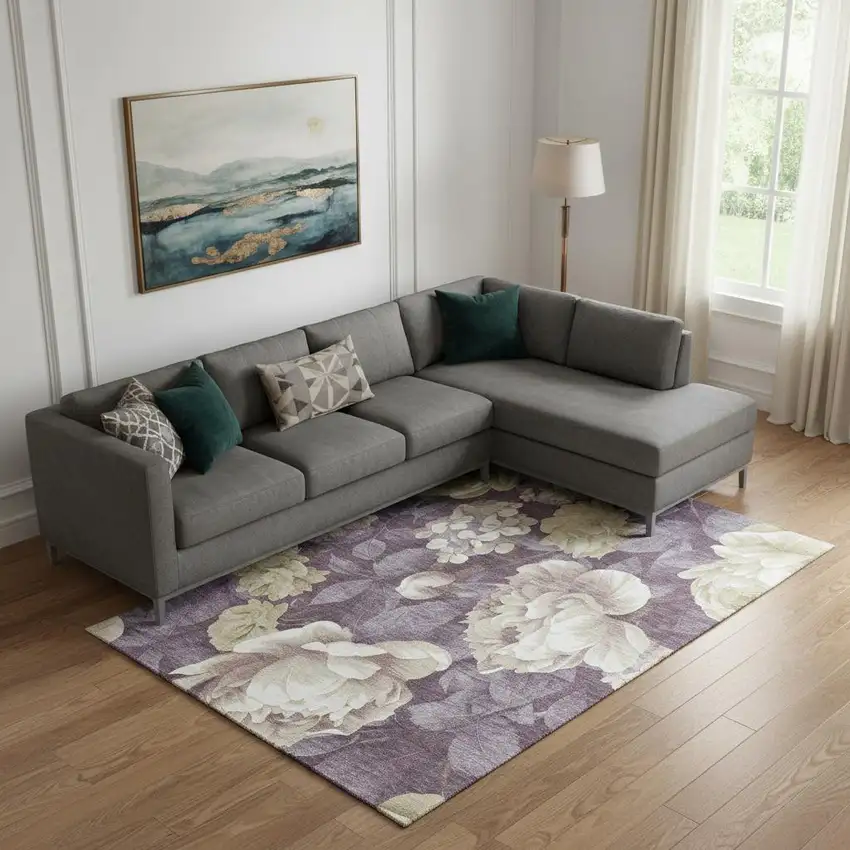 Beige Ivory And Tan Floral Washable Area Rug With UV Protection Photo 2