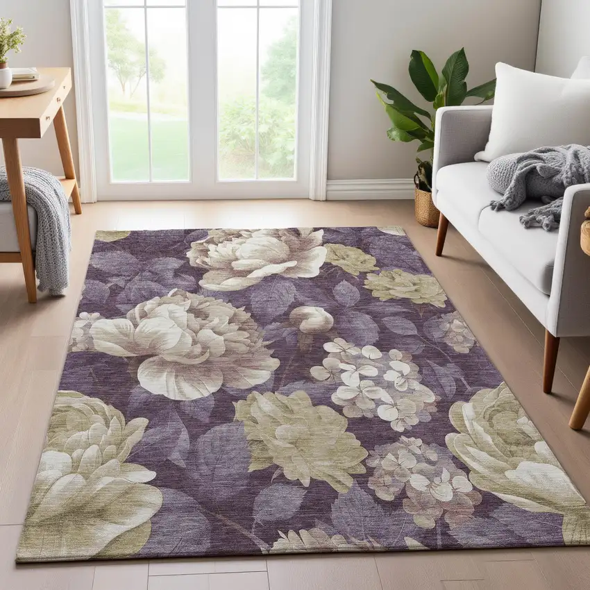 Beige Ivory And Tan Floral Washable Area Rug With UV Protection Photo 5