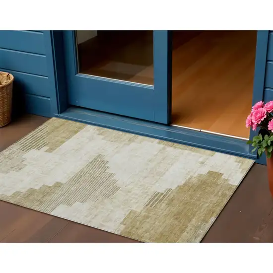 Beige Ivory And Tan Geometric Washable Indoor Outdoor Area Rug Photo 2