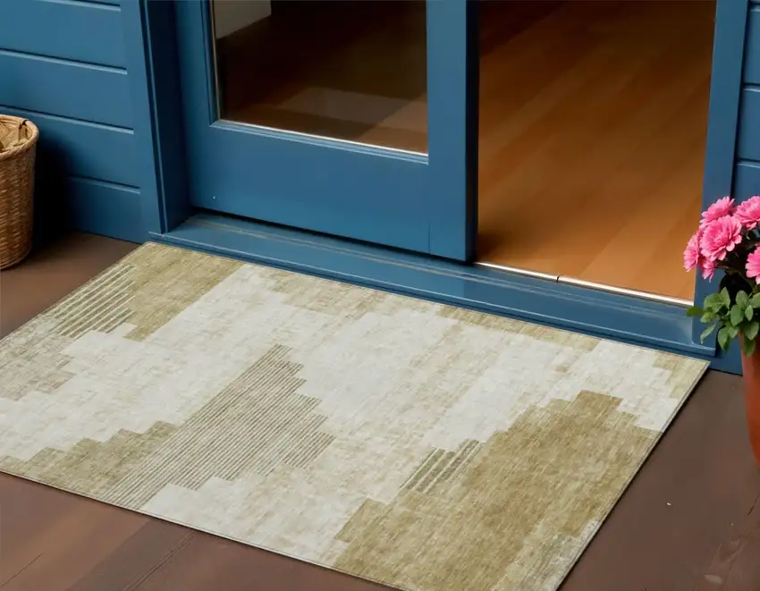 Beige Ivory And Tan Geometric Washable Indoor Outdoor Area Rug Photo 2