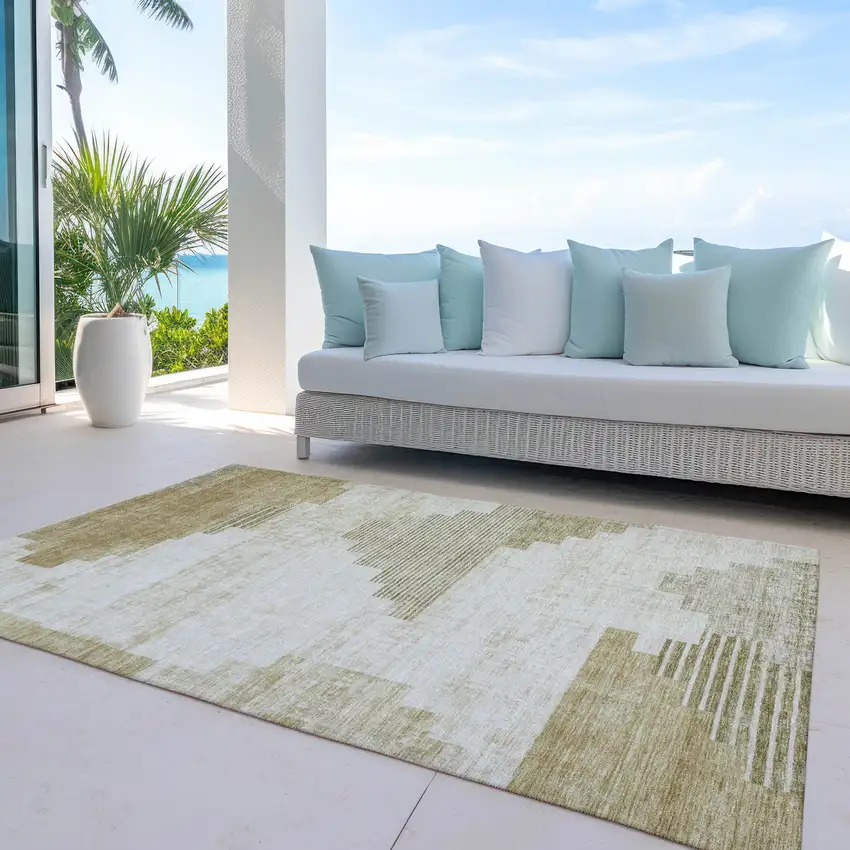 Beige Ivory And Tan Geometric Washable Indoor Outdoor Area Rug Photo 6