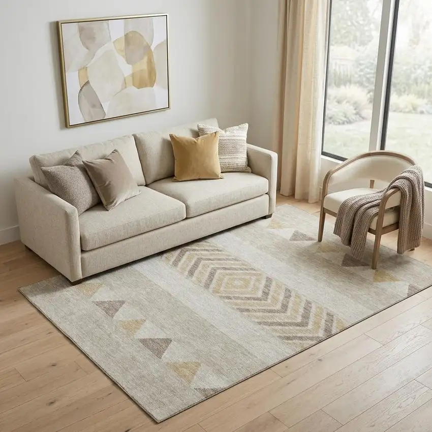 Beige Ivory And Tan Southwestern Washable Area Rug With UV Protection Photo 1
