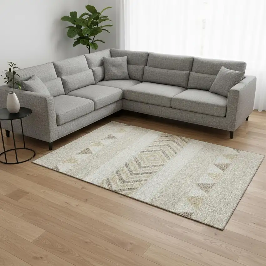 Beige Ivory And Tan Southwestern Washable Area Rug With UV Protection Photo 2