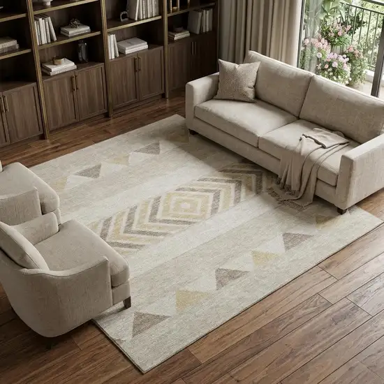 Beige Ivory And Tan Southwestern Washable Area Rug With UV Protection Photo 1