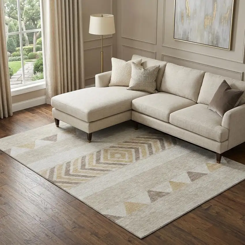 Beige Ivory And Tan Southwestern Washable Area Rug With UV Protection Photo 1