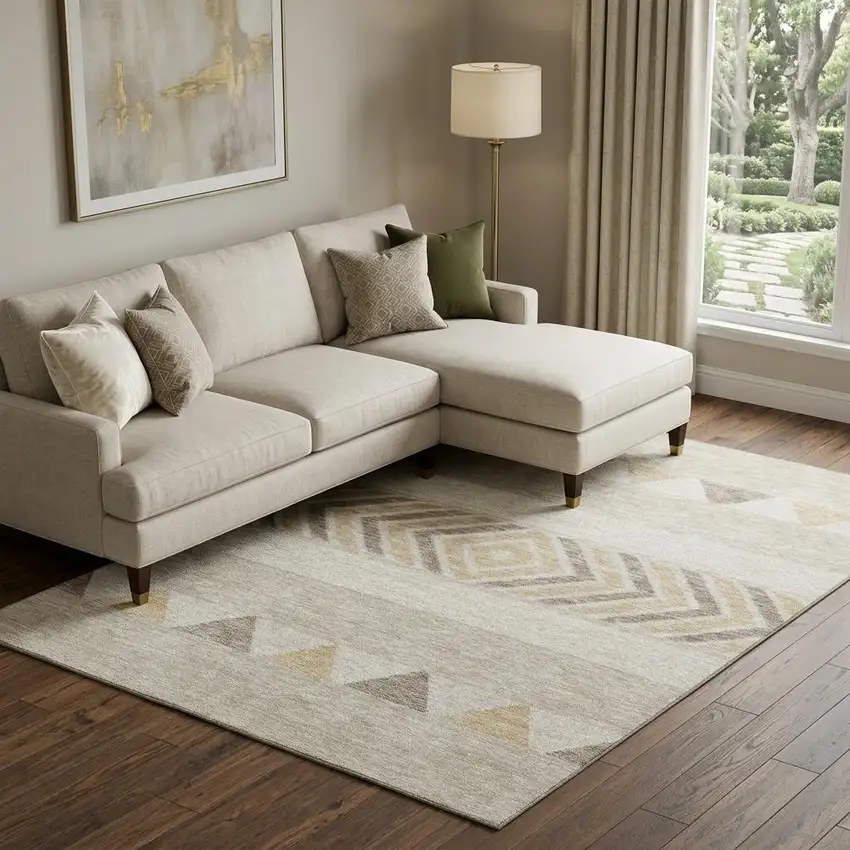 Beige Ivory And Tan Southwestern Washable Area Rug With UV Protection Photo 1