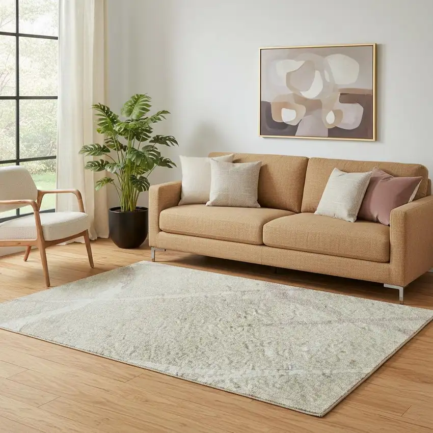 Beige Ivory And Taupe Abstract Geometric Washable Area Rug With UV Protection Photo 2