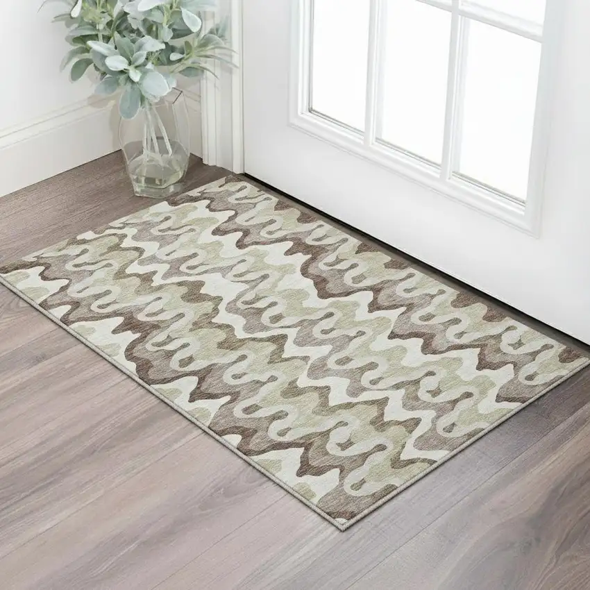 Beige Ivory And Taupe Abstract Washable Area Rug With UV Protection Photo 2