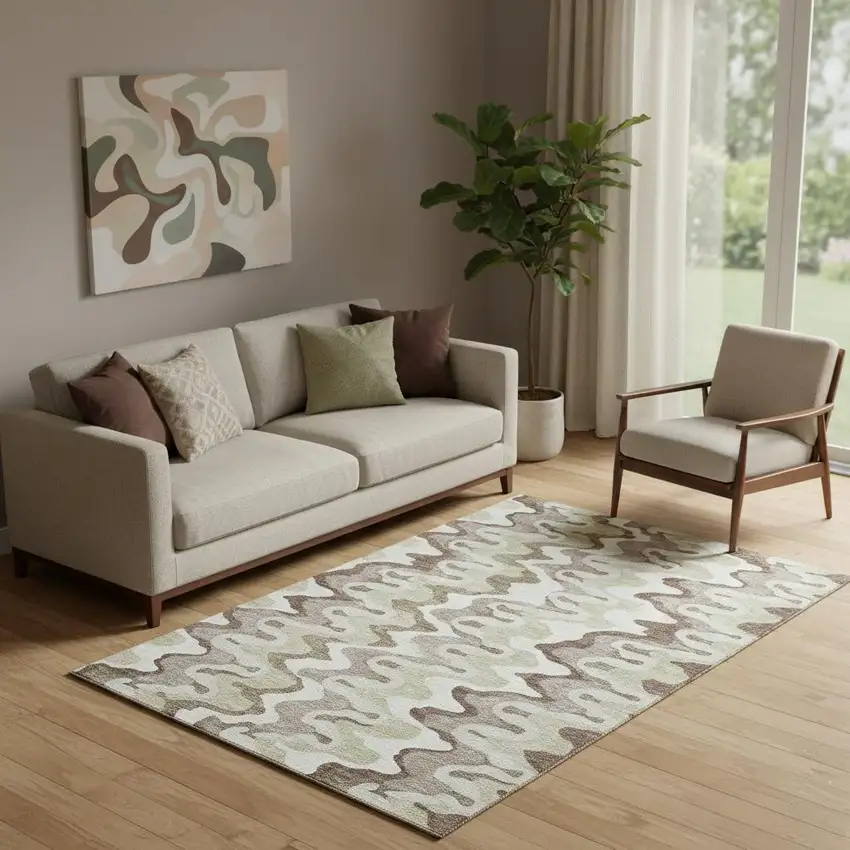 Beige Ivory And Taupe Abstract Washable Area Rug With UV Protection Photo 1