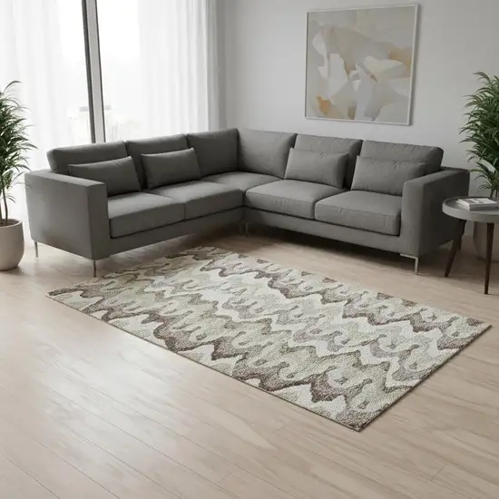 Beige Ivory And Taupe Abstract Washable Area Rug With UV Protection Photo 2