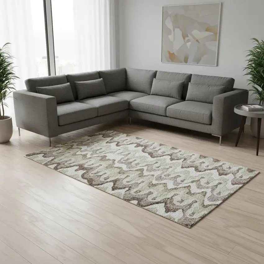 Beige Ivory And Taupe Abstract Washable Area Rug With UV Protection Photo 2