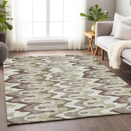 Beige Ivory And Taupe Abstract Washable Area Rug With UV Protection Photo 4