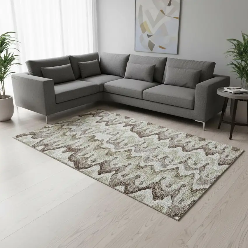 Beige Ivory And Taupe Abstract Washable Area Rug With UV Protection Photo 2