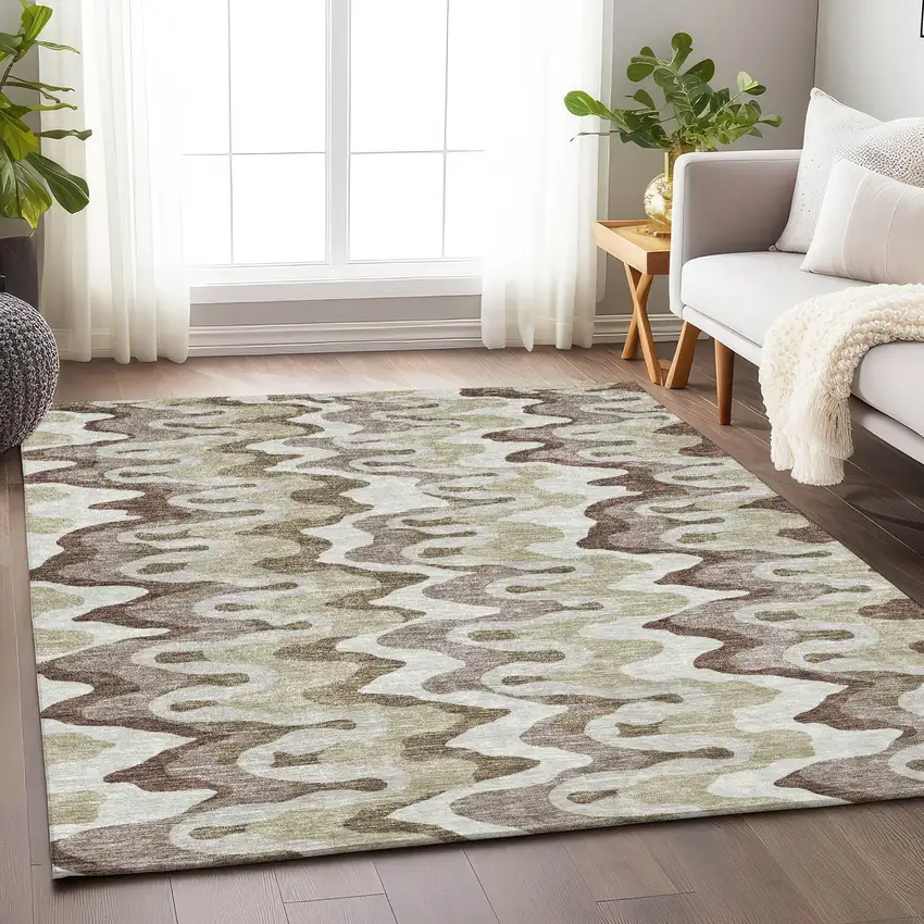 Beige Ivory And Taupe Abstract Washable Area Rug With UV Protection Photo 5