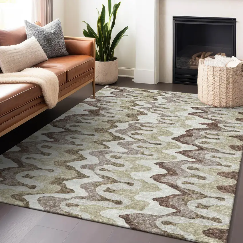 Beige Ivory And Taupe Abstract Washable Area Rug With UV Protection Photo 6
