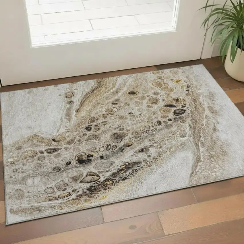 Beige Ivory And Taupe Abstract Washable Area Rug With UV Protection Photo 2