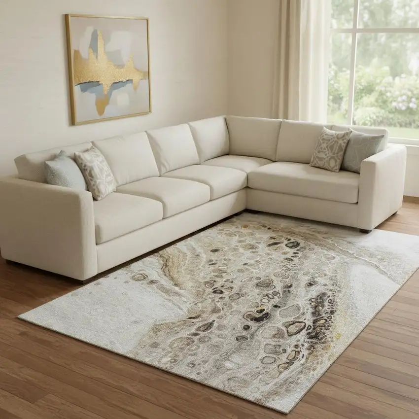 Beige Ivory And Taupe Abstract Washable Area Rug With UV Protection Photo 2