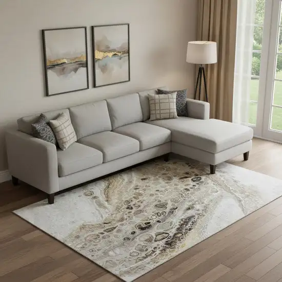 Beige Ivory And Taupe Abstract Washable Area Rug With UV Protection Photo 2