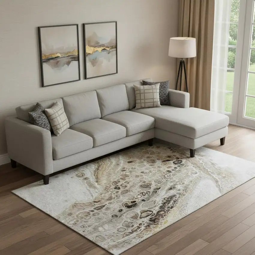 Beige Ivory And Taupe Abstract Washable Area Rug With UV Protection Photo 2