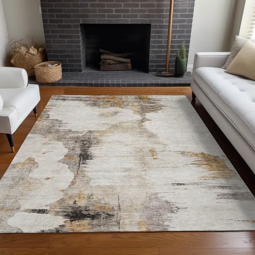 Beige Ivory And Taupe Abstract Washable Indoor Outdoor Area Rug Photo 7