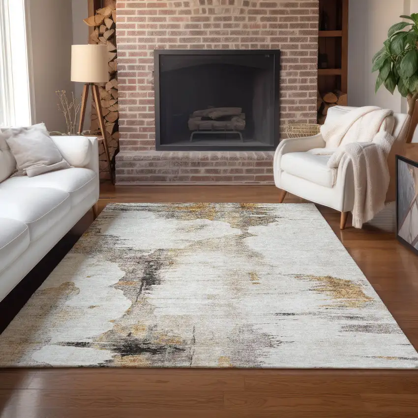 Beige Ivory And Taupe Abstract Washable Indoor Outdoor Area Rug Photo 8