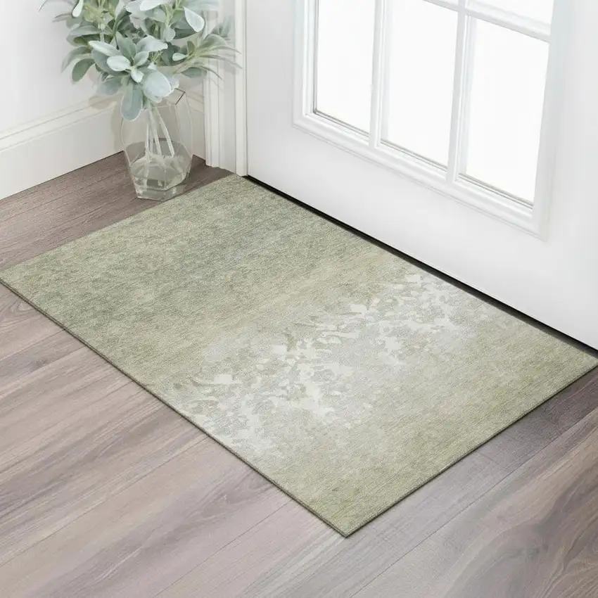 Beige Ivory And Taupe Damask Washable Area Rug With UV Protection Photo 2