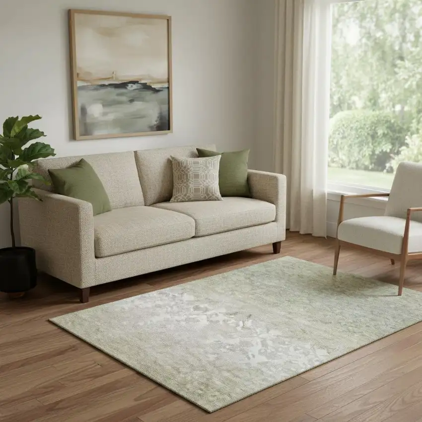 Beige Ivory And Taupe Damask Washable Area Rug With UV Protection Photo 2