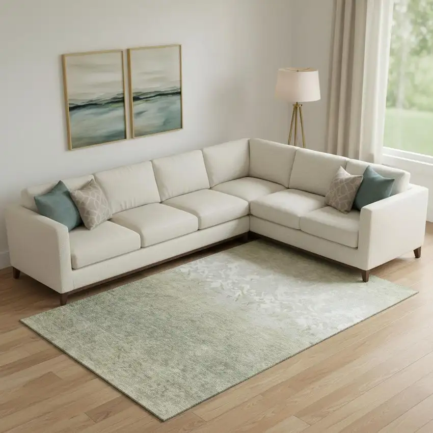 Beige Ivory And Taupe Damask Washable Area Rug With UV Protection Photo 2