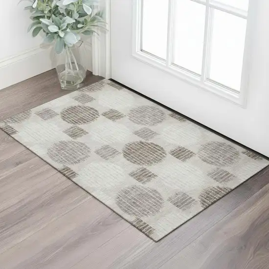 Beige Ivory And Taupe Geometric Washable Area Rug With UV Protection Photo 1