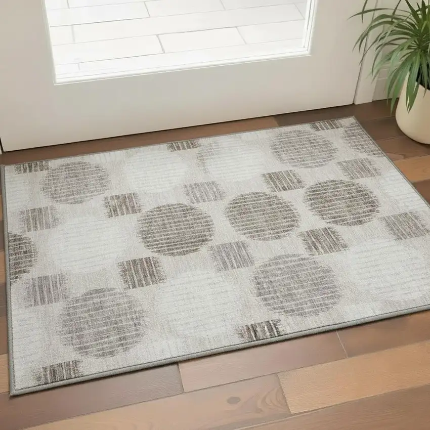 Beige Ivory And Taupe Geometric Washable Area Rug With UV Protection Photo 2