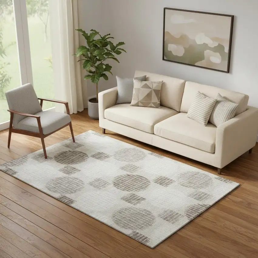 Beige Ivory And Taupe Geometric Washable Area Rug With UV Protection Photo 1