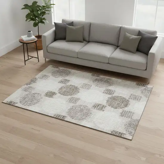 Beige Ivory And Taupe Geometric Washable Area Rug With UV Protection Photo 2